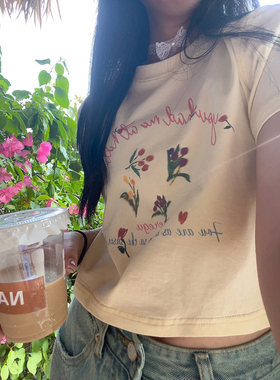 MEREGU自制 小鸡奶黄 直喷花朵t恤女春夏韩版纯棉露脐短款上衣