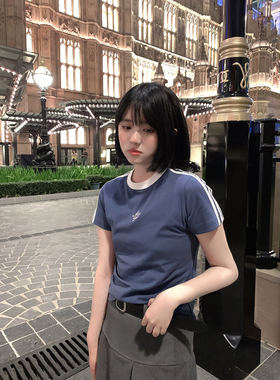 MEREGU 印花复古感正肩短袖T恤女夏季新款古着五分袖显瘦潮牌半袖