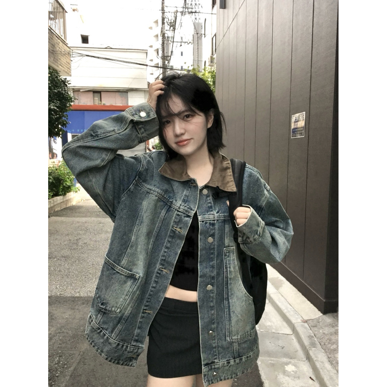 Meregu 韩版复古宽松拼接牛仔外套