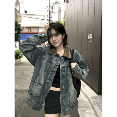 Meregu 韩版复古宽松拼接牛仔外套