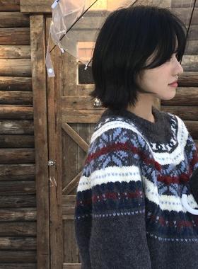Meregu 灰色圆领复古提花毛衣秋冬宽松慵懒风费尔岛软糯针织上衣