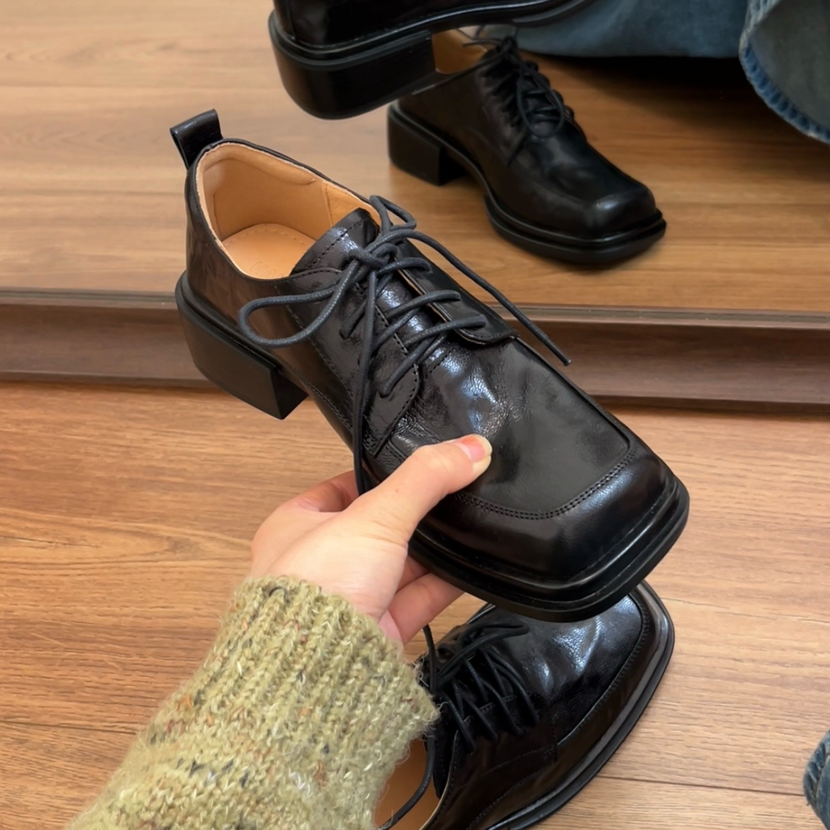 34-41码!小羊皮~英伦风粗跟小皮鞋方头2025新款粗跟系带乐福鞋