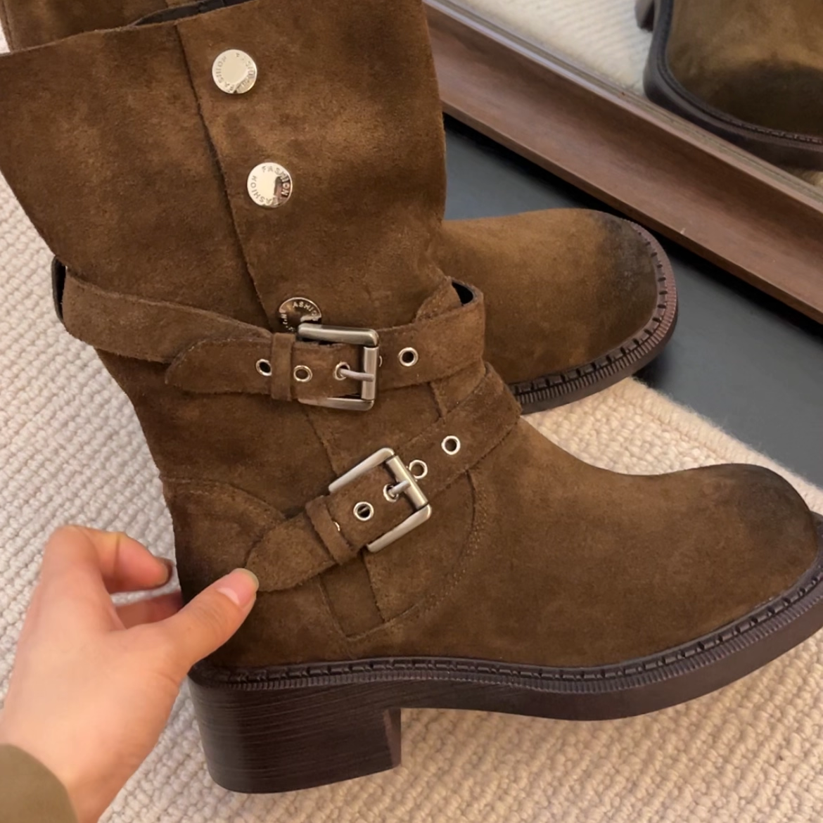 34-42码!牛翻皮~厚底长筒靴女渐变色鞋头复古高级2025秋冬不过膝