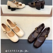 40码 头层羊皮 复古方头玛丽珍女鞋 粗跟一字扣浅口女通勤单鞋