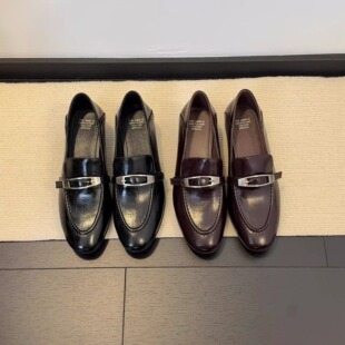 34-40码！头层牛皮~复古金属扣一脚蹬乐福鞋粗跟懒人小皮鞋女