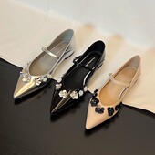 42码 百搭女单鞋 羊皮 法式 尖头新款 浅口亮片花朵单鞋 一字扣