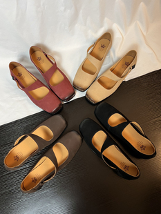 34-43牛皮猪鼻子芭蕾鞋2024新款女小众设计低跟单鞋浅口法式复古