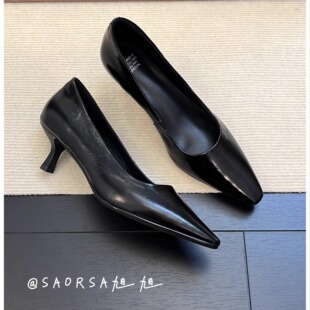 34-40码！头层牛皮~复古尖头细跟通勤百搭女单鞋简约浅口女鞋