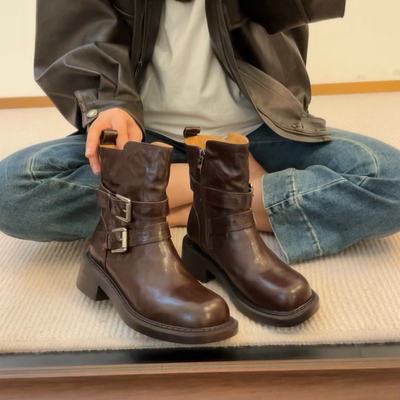 34-42码！羊皮~英伦风粗跟女2025新款骑士靴皮带扣显瘦侧拉链短靴
