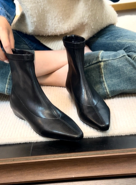 34-42码！弹力瘦瘦靴~粗跟尖头软皮后拉链女短靴秋冬新款通勤女