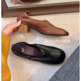 33-40码！头层羊皮~法式复古通勤女单鞋英伦风粗跟一脚蹬小皮鞋