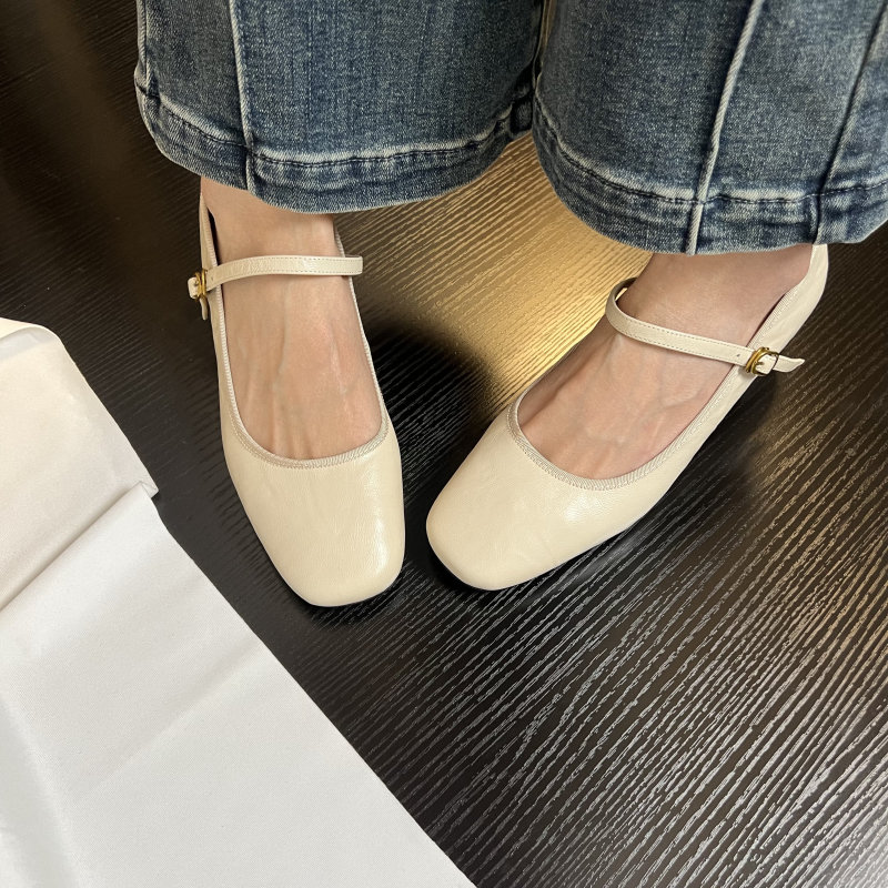 头层羊皮平底单鞋玛丽珍鞋粗跟女