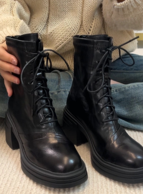34-42码！羊皮~粗高跟瘦瘦马丁靴女英伦厚底短靴后拉链秋冬靴子