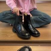 SAORSA头层山羊皮高品质 里外真皮手抓纹复古显瘦短靴女切尔西靴