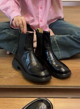 SAORSA头层山羊皮高品质！里外真皮手抓纹复古显瘦短靴女切尔西靴