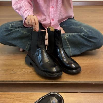 手抓纹全真皮短靴女粗跟切尔西靴