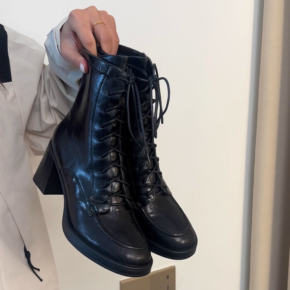 34-42码！头层羊皮~黑色系带高跟短靴女秋冬新款气质复古马丁靴