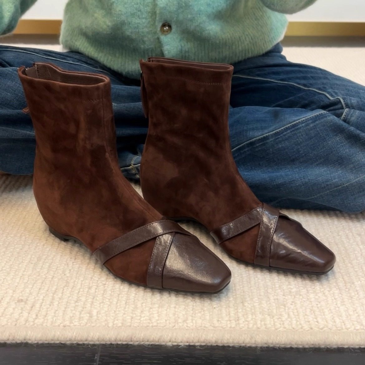 34-42码！羊皮~复古棕色瘦瘦短靴拼接交叉带女方头英伦风粗跟短靴,女鞋,弹力靴/袜靴,淘宝优惠券,粉丝福利购,淘宝优惠卷
