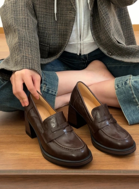 34-42码！羊皮~通勤高跟乐福鞋2025年新款英伦小皮鞋懒人一脚蹬