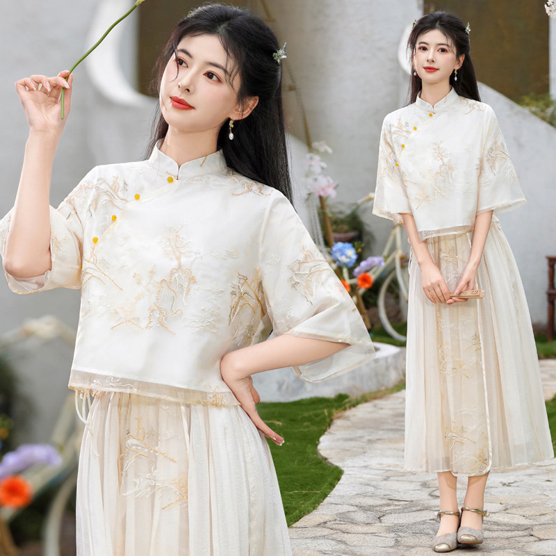 实拍2026春夏新款新中式国风改良旗袍印花刺绣上衣复古女茶服套装