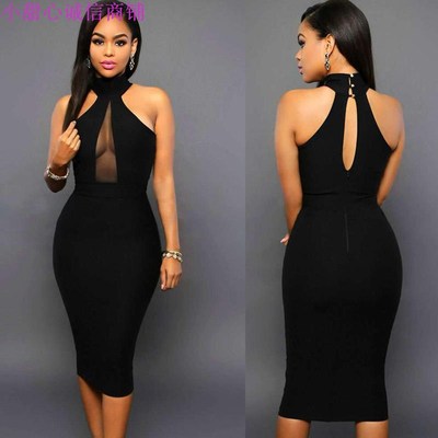 Women bandage dress bodycon dress 无袖挂脖网纱拼接修身连衣裙