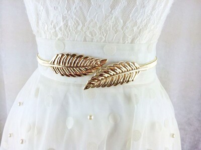 Vintage Women Belt Leaf Design Clasp Front Stretch Metal Wai
