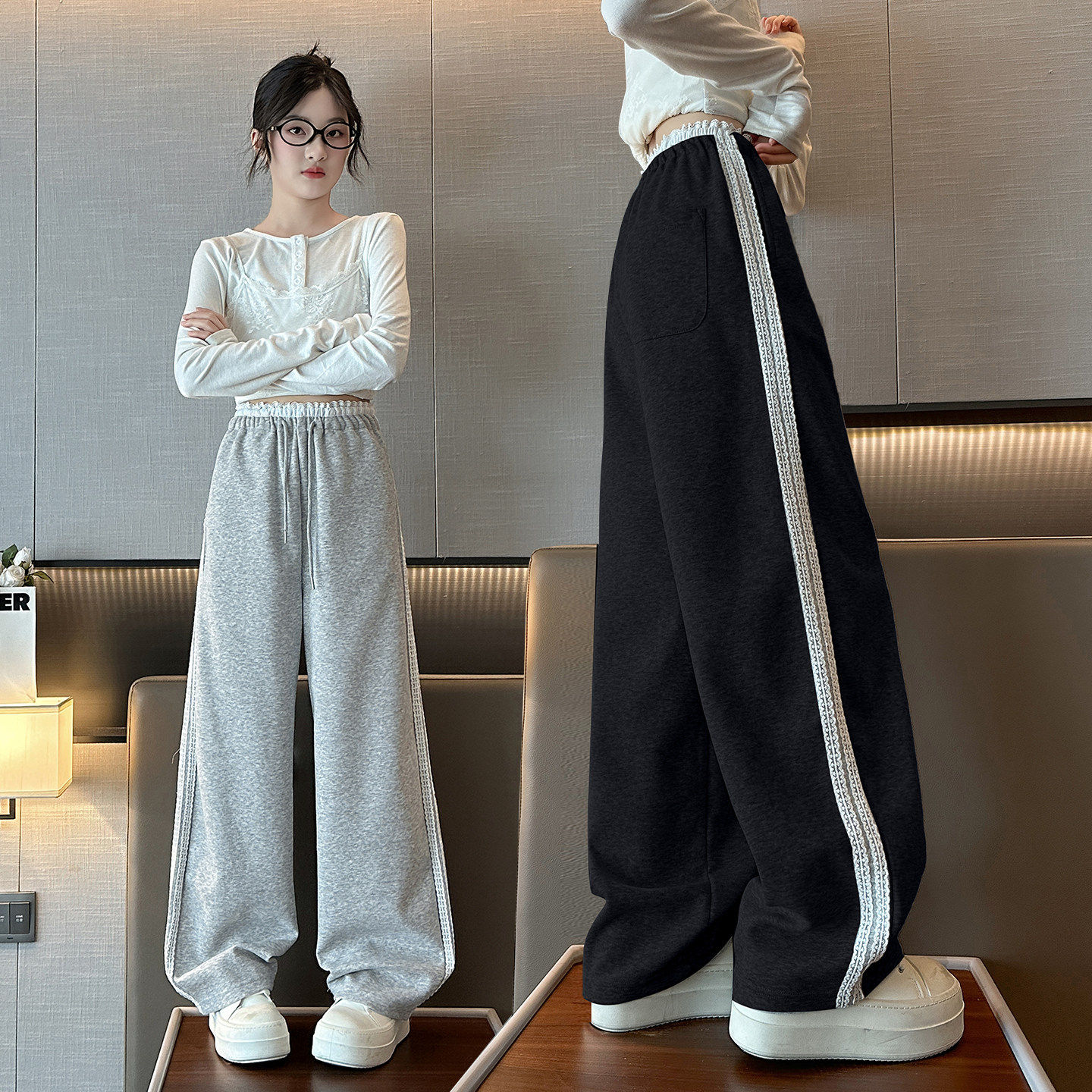 洋气长裤大童休闲初中生运动裤款女童儿童阔腿裤子裤直筒秋季春秋