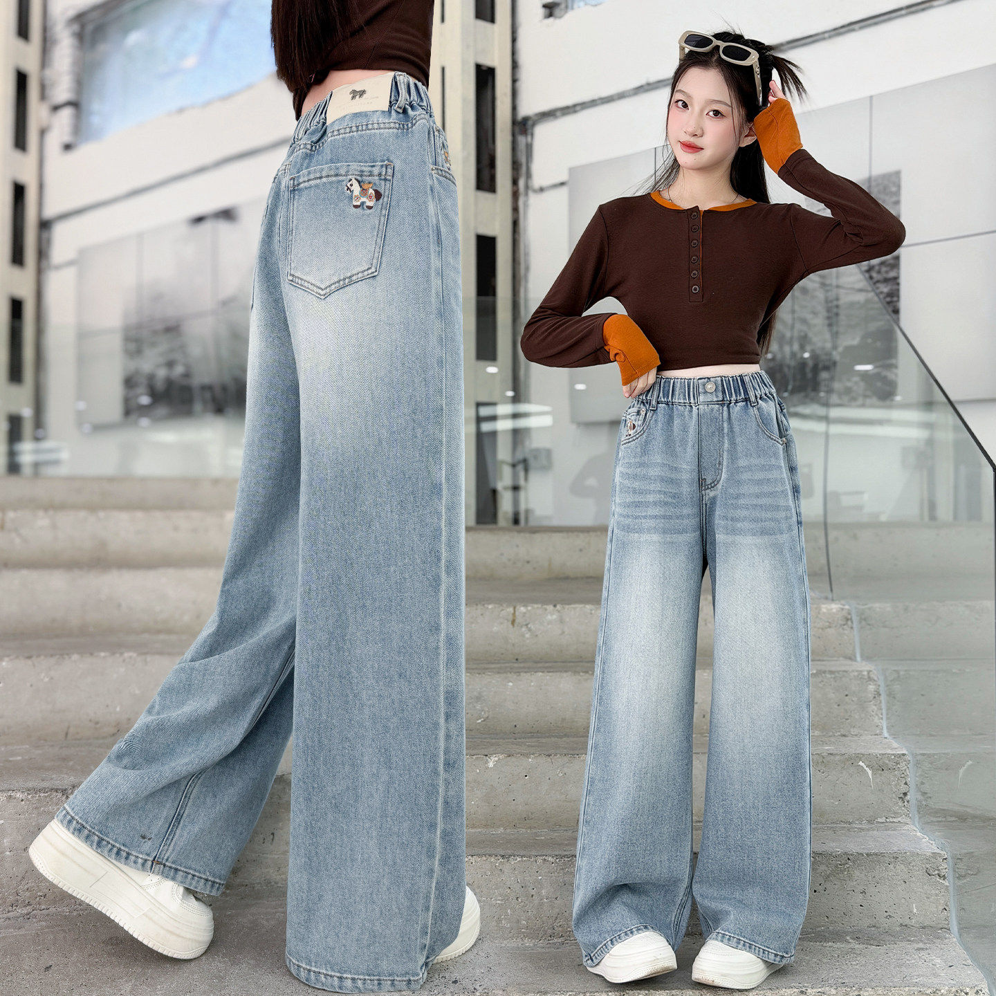 儿童牛仔裤新款春秋直筒中大童宽松裤子休闲女童款阔裤腿2026春季