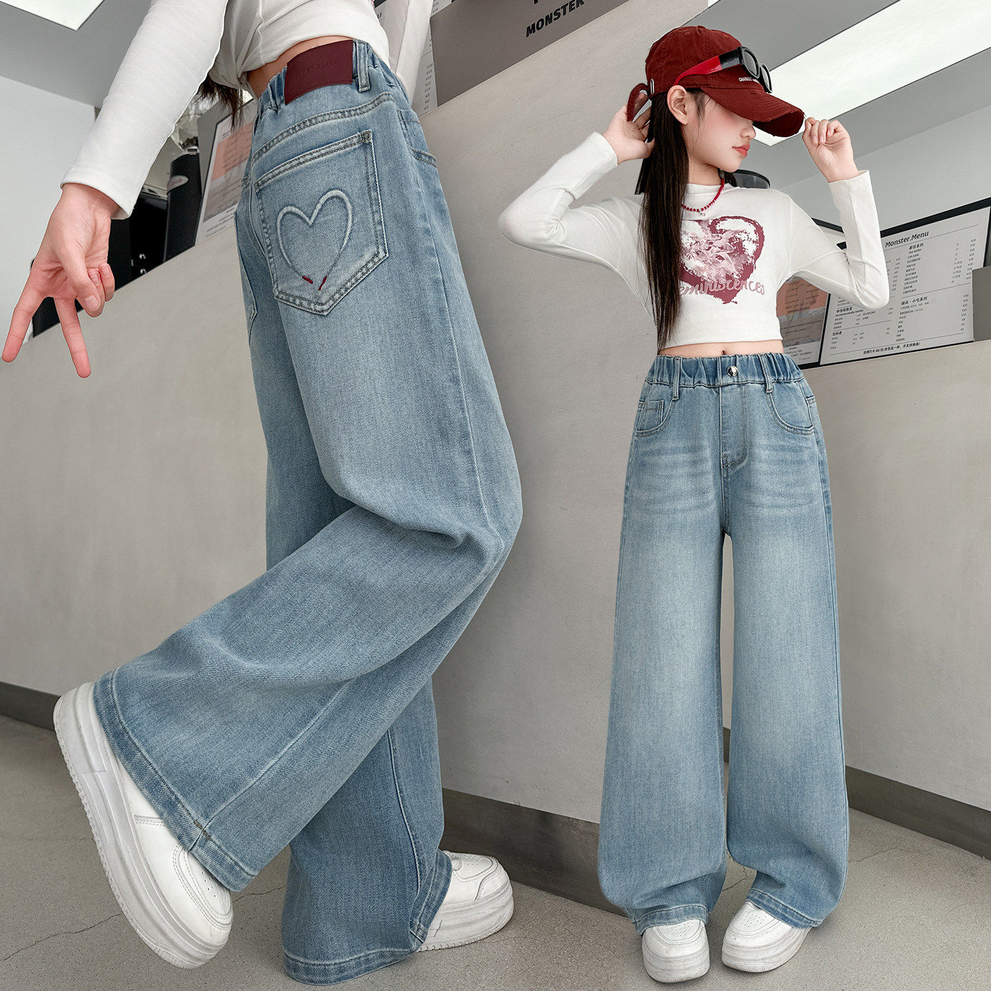 春秋装女童浅色直筒中大童阔腿裤长裤新款春季女孩牛仔裤2026外穿