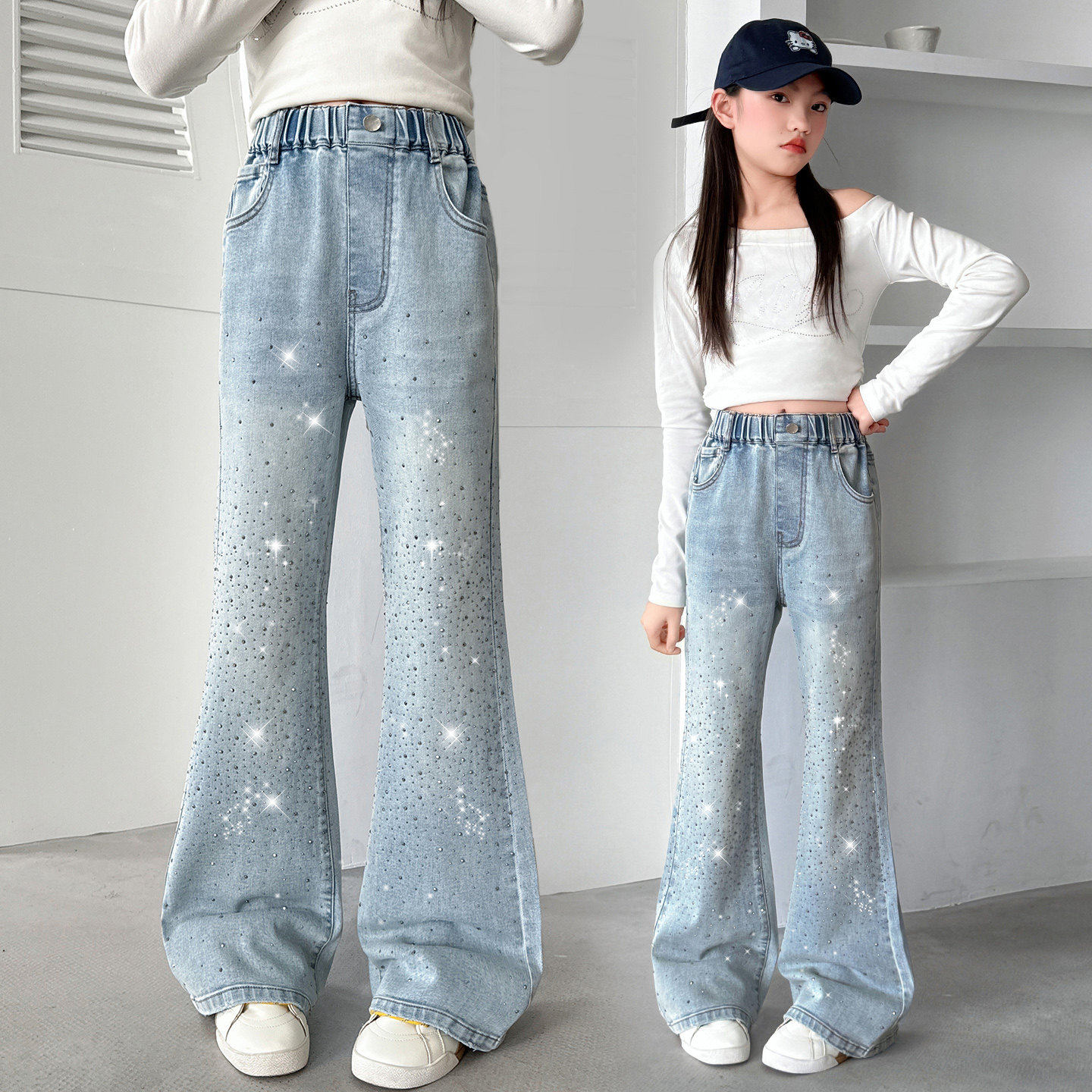 女童钻中大童春秋装裤子儿童烫女孩韩版牛仔裤春季喇叭裤洋气弹力