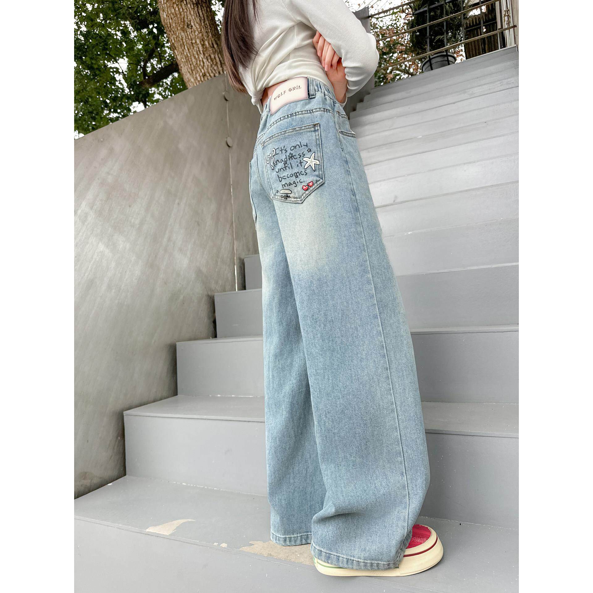 裤网红大童儿童浅色直筒牛仔裤新款好看2026腿阔裤子春秋女童洋气