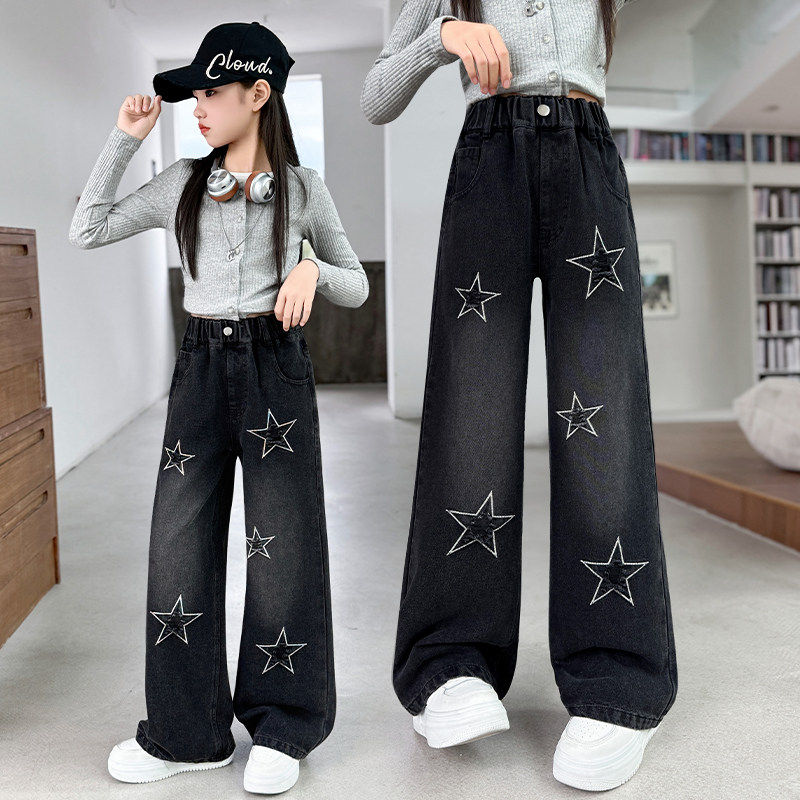 牛仔裤春季初中生新款宽松女童直筒儿童阔腿裤裤子大童2026春秋装