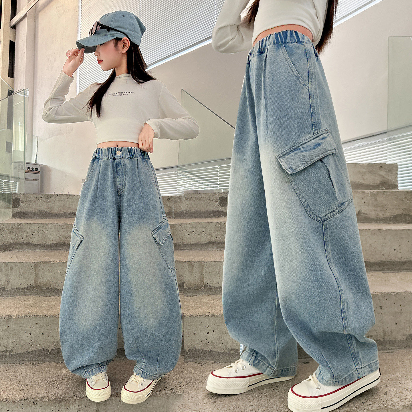 女孩裤子拼接中大童时尚女童儿童牛仔工装裤宽松春天春秋装阔腿裤