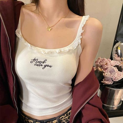 纯欲风甜辣妹木耳边字母刺绣吊带美背背心带胸垫外穿打底抹胸上衣
