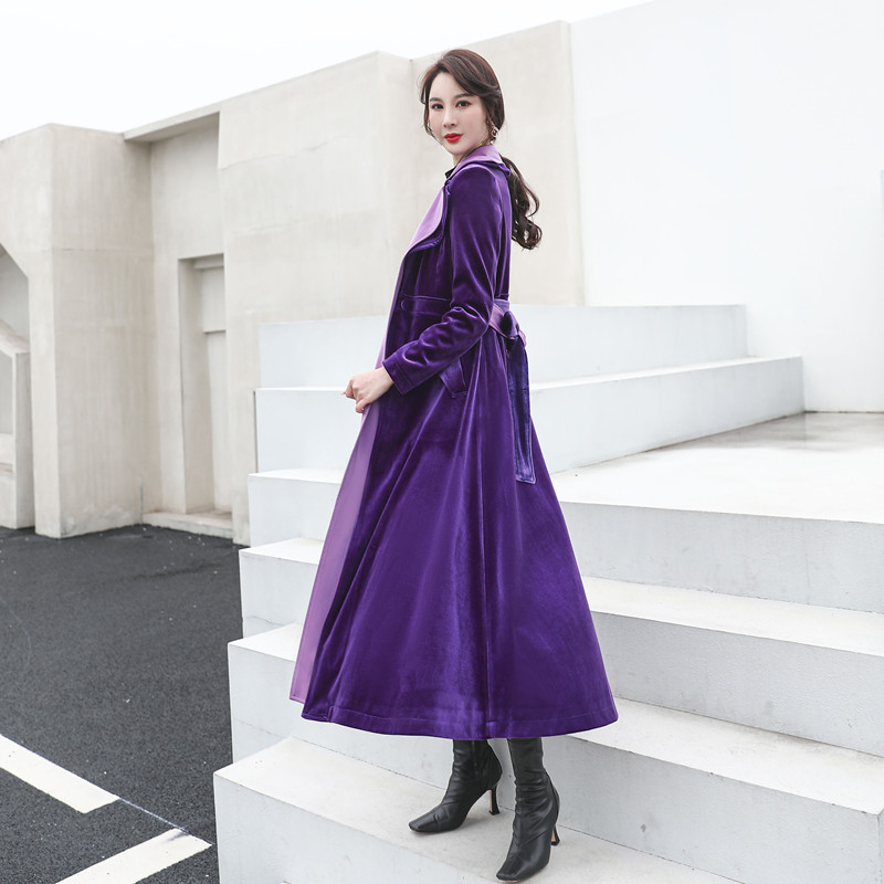 高端金丝绒风衣女2024春秋新款修身长款过膝垂感收腰时尚丝绒外套
