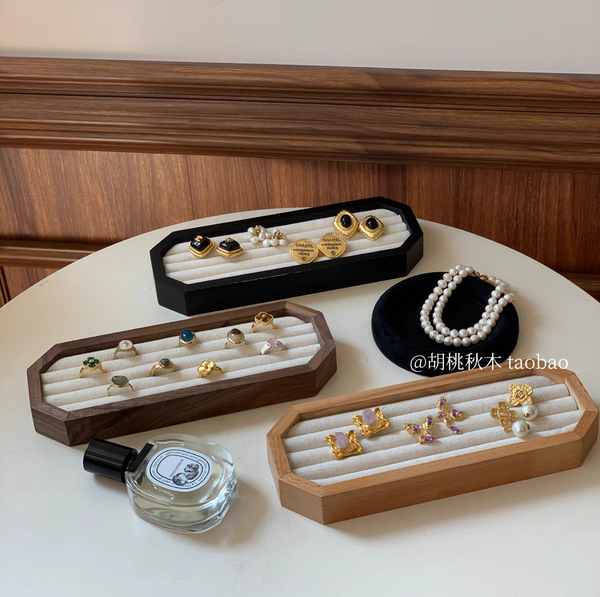 复古木质八角戒指原木陈列盘托盘首饰盒收纳盒耳钉耳环项链道具