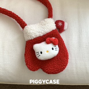 朱壳儿圣诞kitty手套包新年红手机包羊羔绒斜挎包包秋冬可爱小包