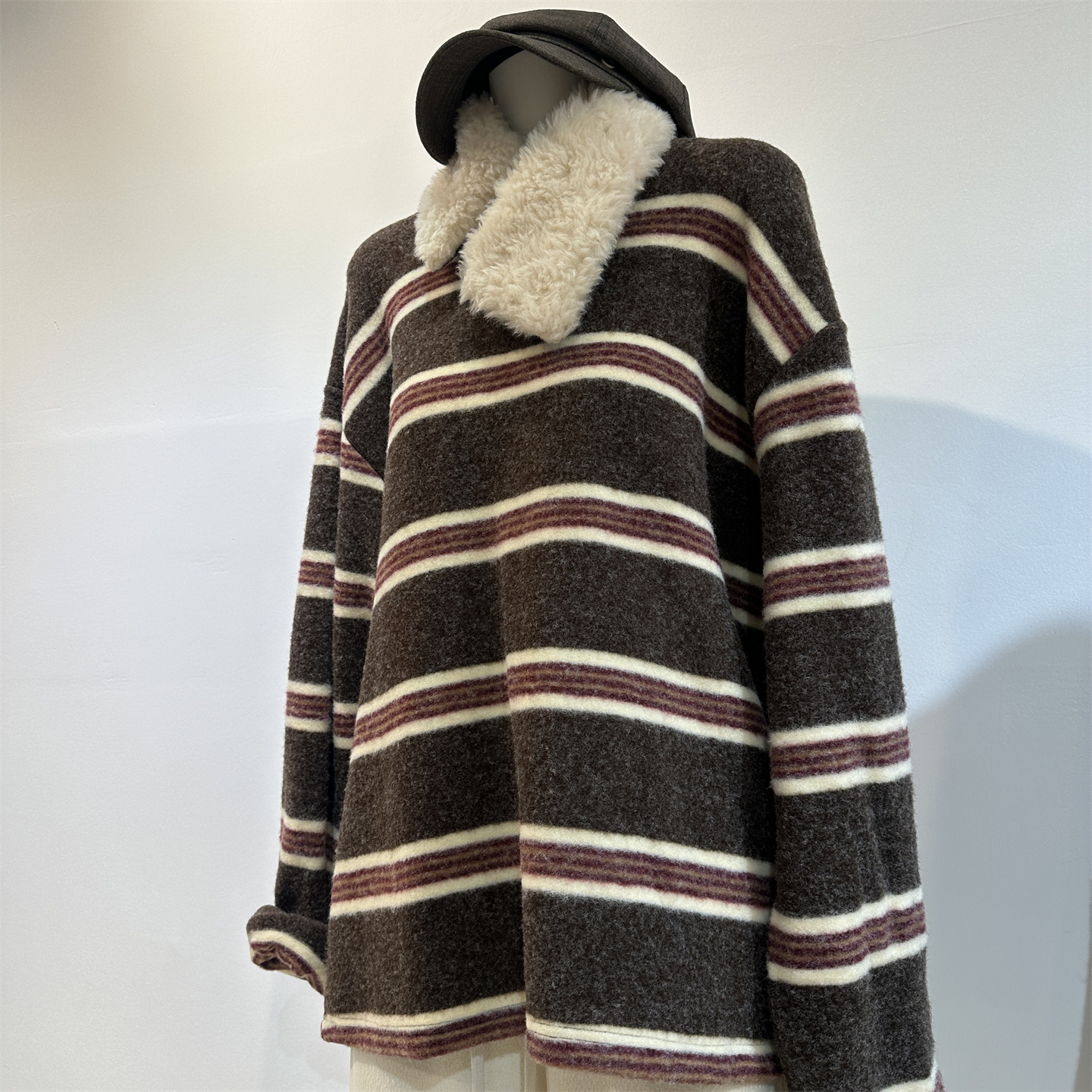 韩系灰色条纹兔绒长袖T恤女秋冬宽松慵懒松弛感软糯加厚内搭打底