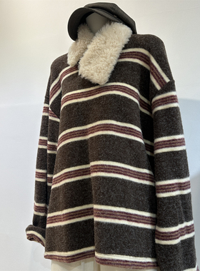 韩系灰色条纹兔绒长袖T恤女秋冬宽松慵懒松弛感软糯加厚内搭打底