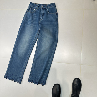 设计感花边刺绣四面弹直筒牛仔裤女26春新款显瘦阔腿九分裤小个子