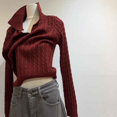 早春polo领软糯针织衫女26新复古jing典麻花纹理显瘦气质老钱上衣