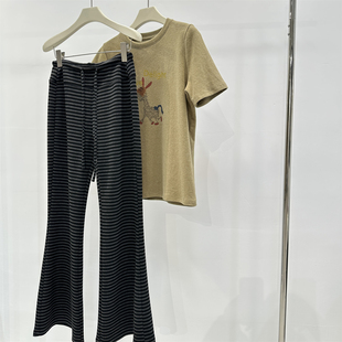 春 直筒拖地大长腿休闲裤 条纹露露风抽绳微喇裤 女中腰显瘦垂感修身