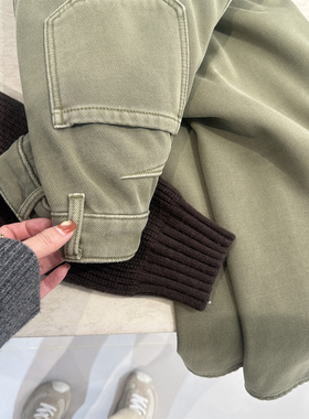 美式时髦街头风灰绿色牛仔裤女莱赛尔密密绒宽松阔腿解构拖地裤冬