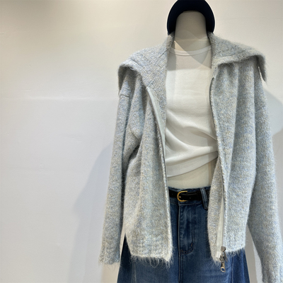 杂色复古大翻领软糯拉毛毛衣女宽松双拉链加厚针织开衫短外套秋冬