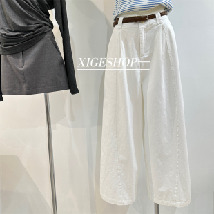 白色荃棉日常百搭通勤休闲阔腿裤 秋 女显瘦气质高腰配皮带直筒长裤