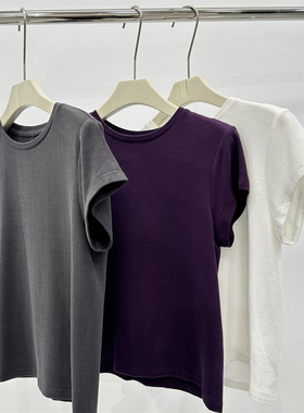 早春磨毛糯叽叽弹力正肩短袖T恤女R*OW风ji简合身白色打底上衣26