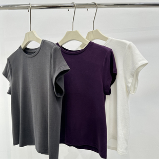 早春磨毛糯叽叽弹力正肩短袖T恤女R*OW风ji简合身白色打底上衣26