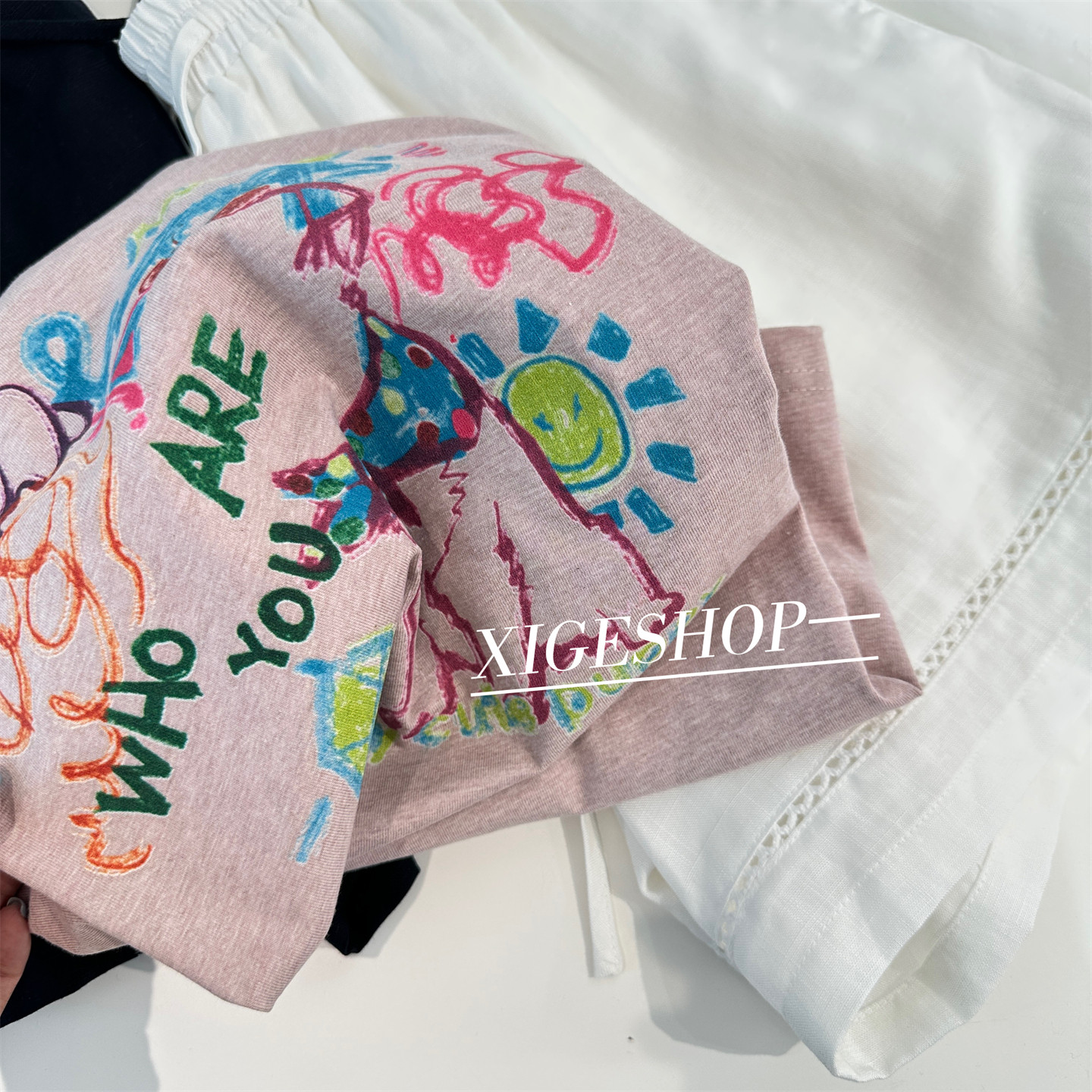 韩系彩绘可爱涂鸦印花短袖T恤女夏季宽松显瘦纯棉粉色圆领上衣ins