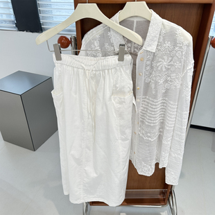 白色立体剪裁拼接棉麻半身裙女松紧腰抽绳宽松老钱感直筒中长裙夏