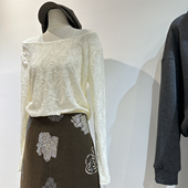 米白色竹叶提花蕾丝打底衫 纯欲上衣早春 女显瘦百搭气质侧抽褶长袖